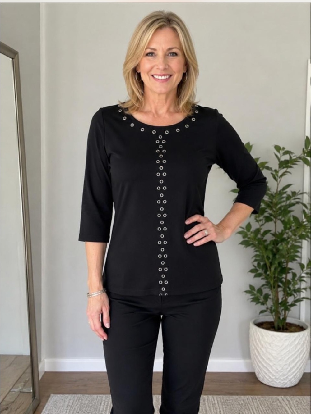 Rafaella Black Eyelet-Trim 3/4 Sleeve Top